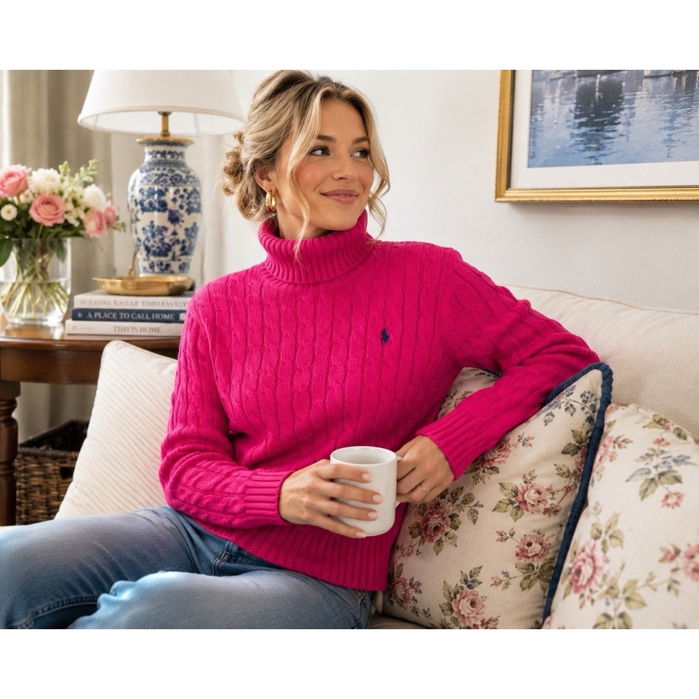 Ralph Lauren Sport Pink Cable Knit Turtleneck Sweater L Cotton Preppy Classic - Picture 2 of 9